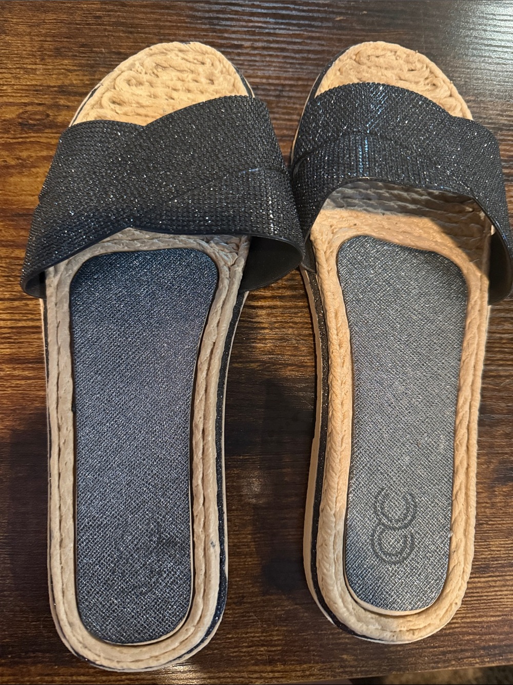 CC Boutique Black Slide Sandals with Natural Straw-Trim
